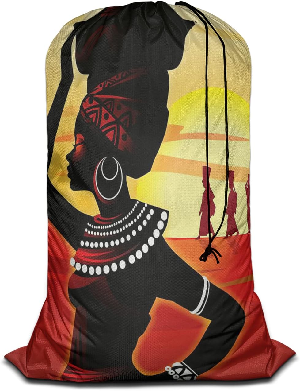 Swono Laundry Bag African Woman Dirty Clothes Organizer Oil Painting Art Black Girl Tribal Cool Circle Extra Large Heavy Duty for Camp College Dorm Room, Oxford Cloth Essentials for Girls Boys, Sunset