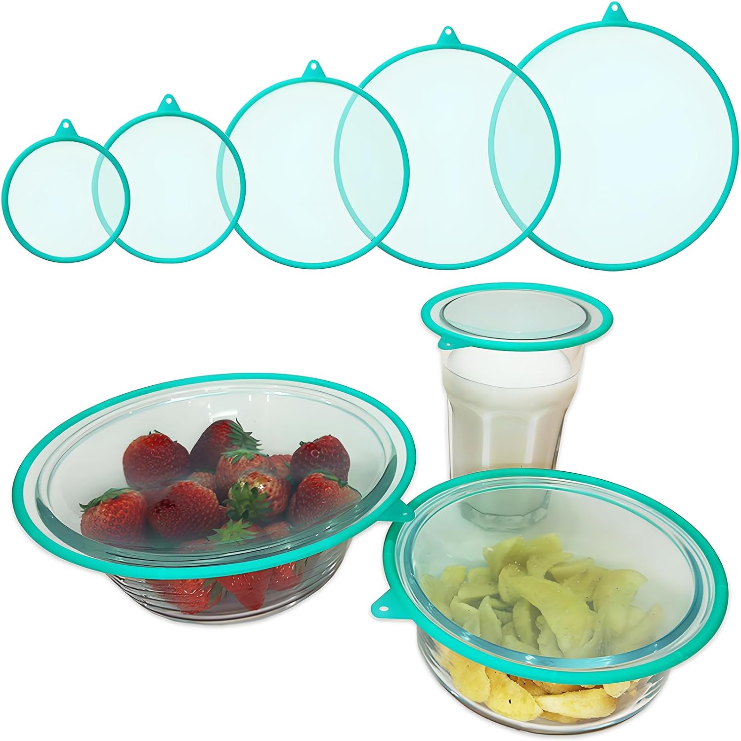 Paquete de 5 tapas de silicona para cuencos, 5 tamaños, tapas reutilizables de almacenamiento al vacío, cubiertas de almacenamiento de alimentos de