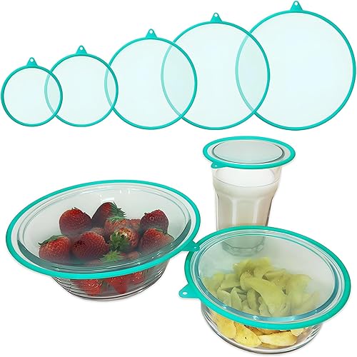 Paquete de 5 tapas de silicona para cuencos, 5 tamaños, tapas reutilizables de almacenamiento al vacío, cubiertas de almacenamiento de alimentos de