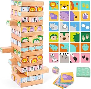 Nene Toys Wooden Block Stacking Game – 4-in-1 Tumble Tower Family Board Game with Building Blocks, Cards and Dice – African Safari Educational Wooden Toy for Kids 3-9 Years Old About Animals