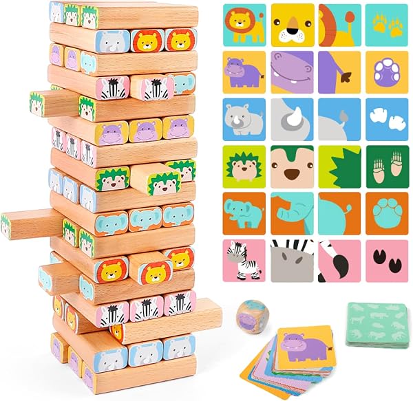 Nene Toys Wooden Construction Game with Blocks - 4 in 1 Board Game with Wooden Blocks, Cards and Dice - Montessori Educational Safari Game for Children 3-9 Years on Animals - 1