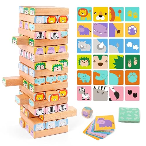 Nene Toys Juego de Construcción con Bloques de Madera – Juego Familiar de Mesa 4 en 1 con Bloques de Construcción, Cartas y Dado - Juguete Educativo con Animales de Safari para Niños de 3 a 9 Años