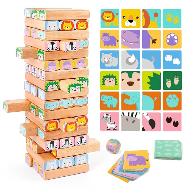 Nene Toys Juego de Construcción con Bloques de Madera – Juego Familiar de Mesa 4 en 1 con Bloques de Construcción, Cartas y Dado - Juguete Educativo con Animales de Safari para Niños de 3 a 9 Años