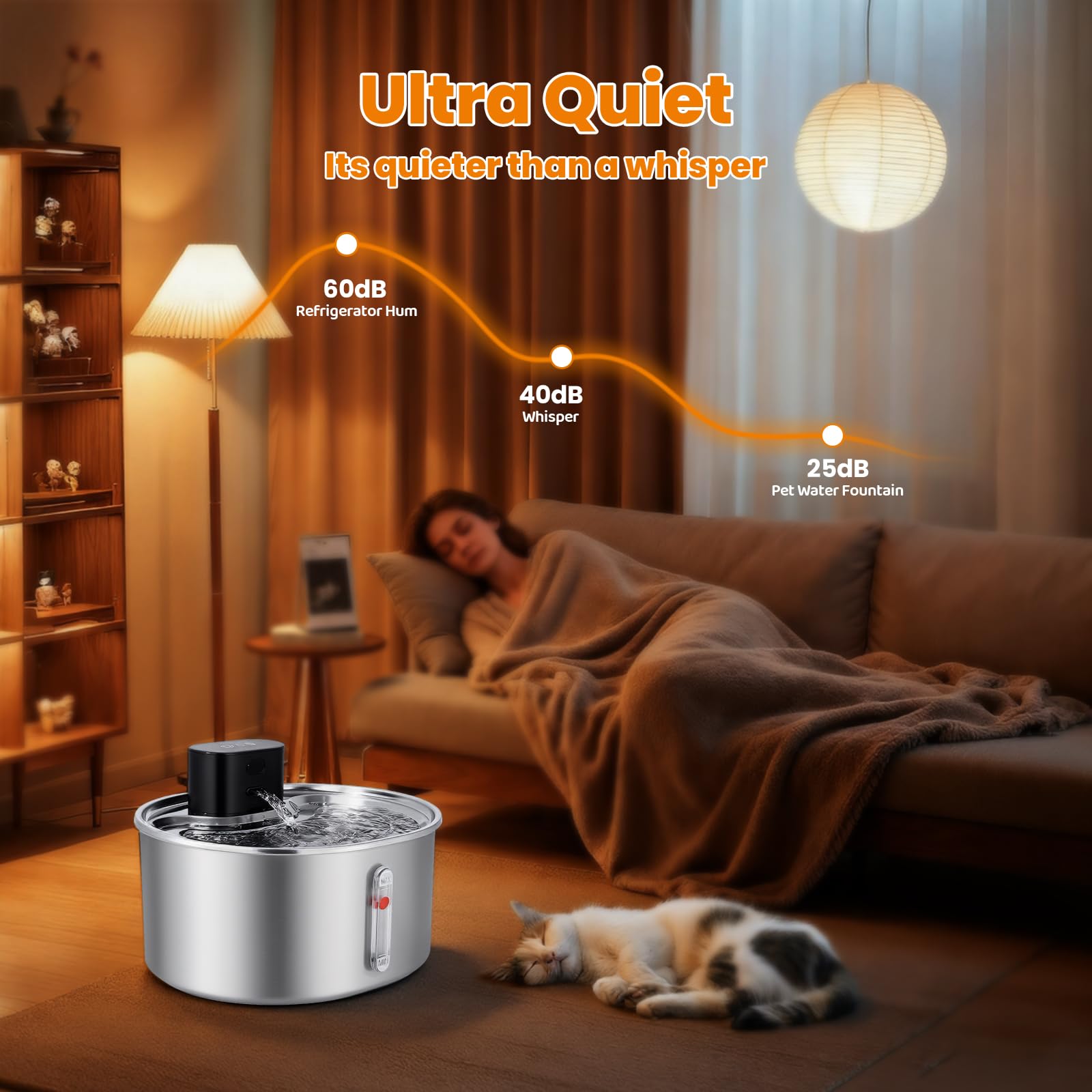 3.2L Fontaine a Eau Chat sans Fil INOX, Fontaine a Eau Chat Detecteur de Mouvement, Batterie 5000mAh, Silencieux, Équipé d'une Fonction Anti-Séchage, pour Chats et Petits Chiens
