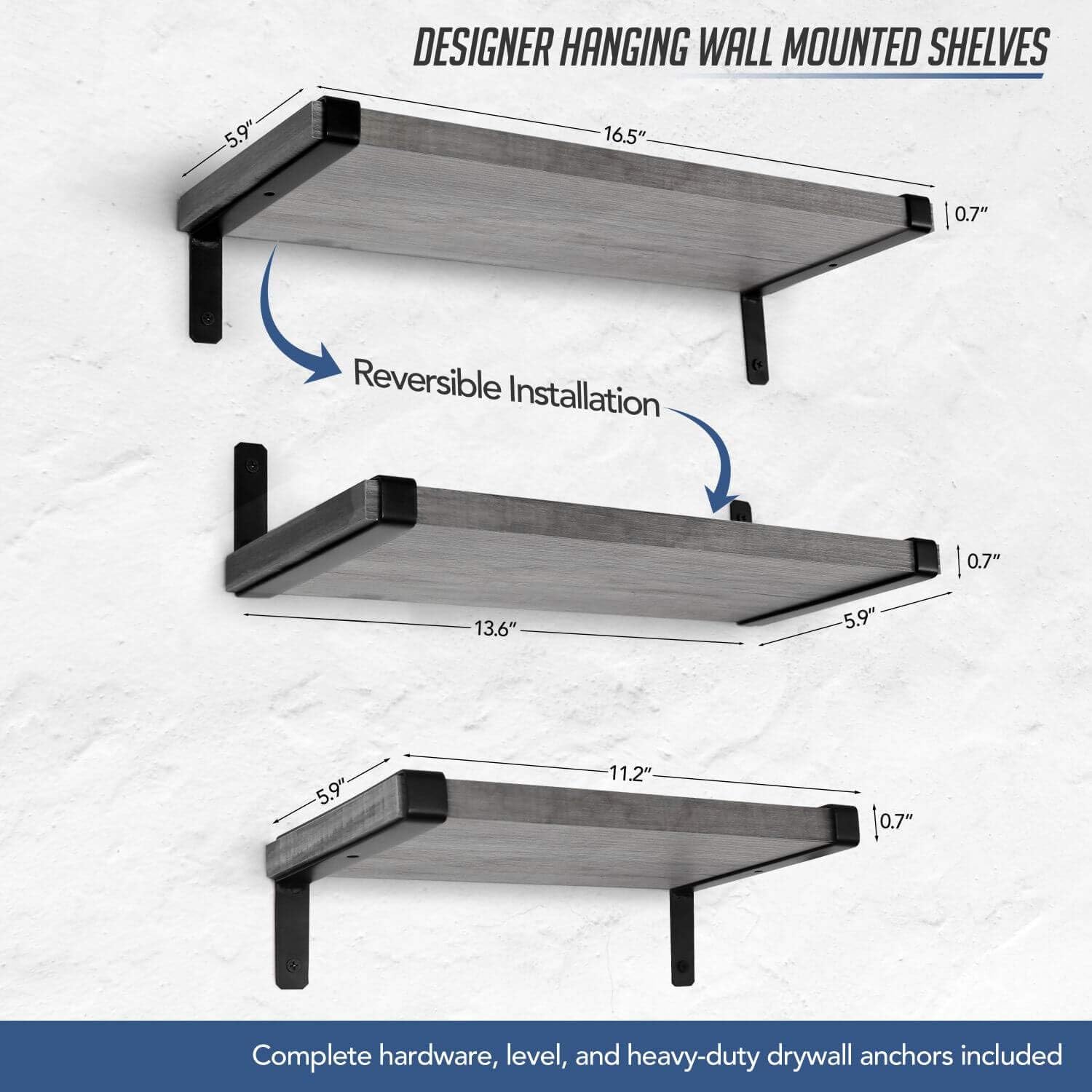 Under.Stated Hanging Wall Floating Shelves Rustic Grey, Display Decor Set of 3