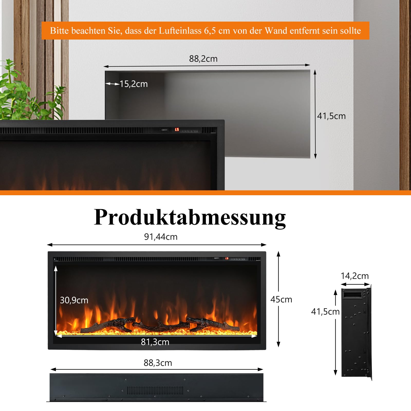 RELAX4LIFE 36" Elektrokamin mit heizung, 750W/1500W, schwebender Kamin mit 9-farbig 3D-Flammeneffekt & 5 Helligkeitsstufen, Deko Wandkamin mit Fernbedienung & Touchscreen & 8H Timer, 18℃-28℃, Schwarz