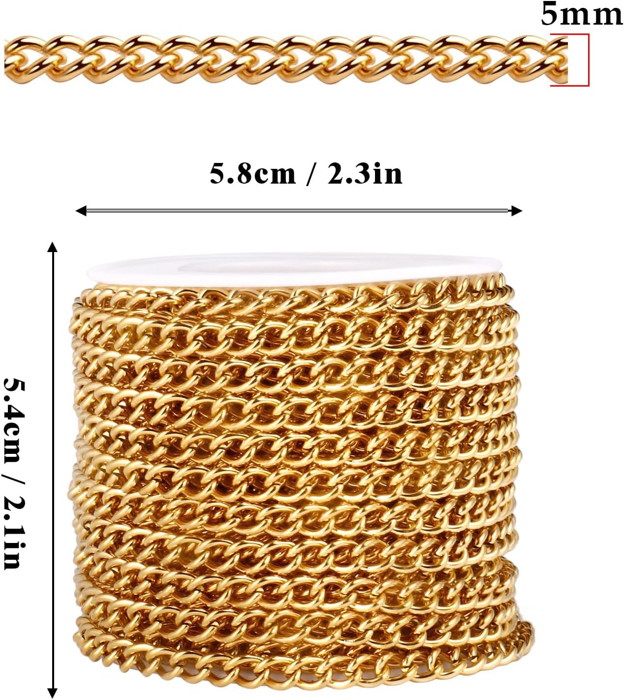 33 Feet 18K Gold PVD Plated Stainless Steel Curb Chain Bulk, 5mm 304 Stainless Steel Flat Twisted Link Chains Roll Spool for Jewelry Making Necklace DIY Craft - Image 2