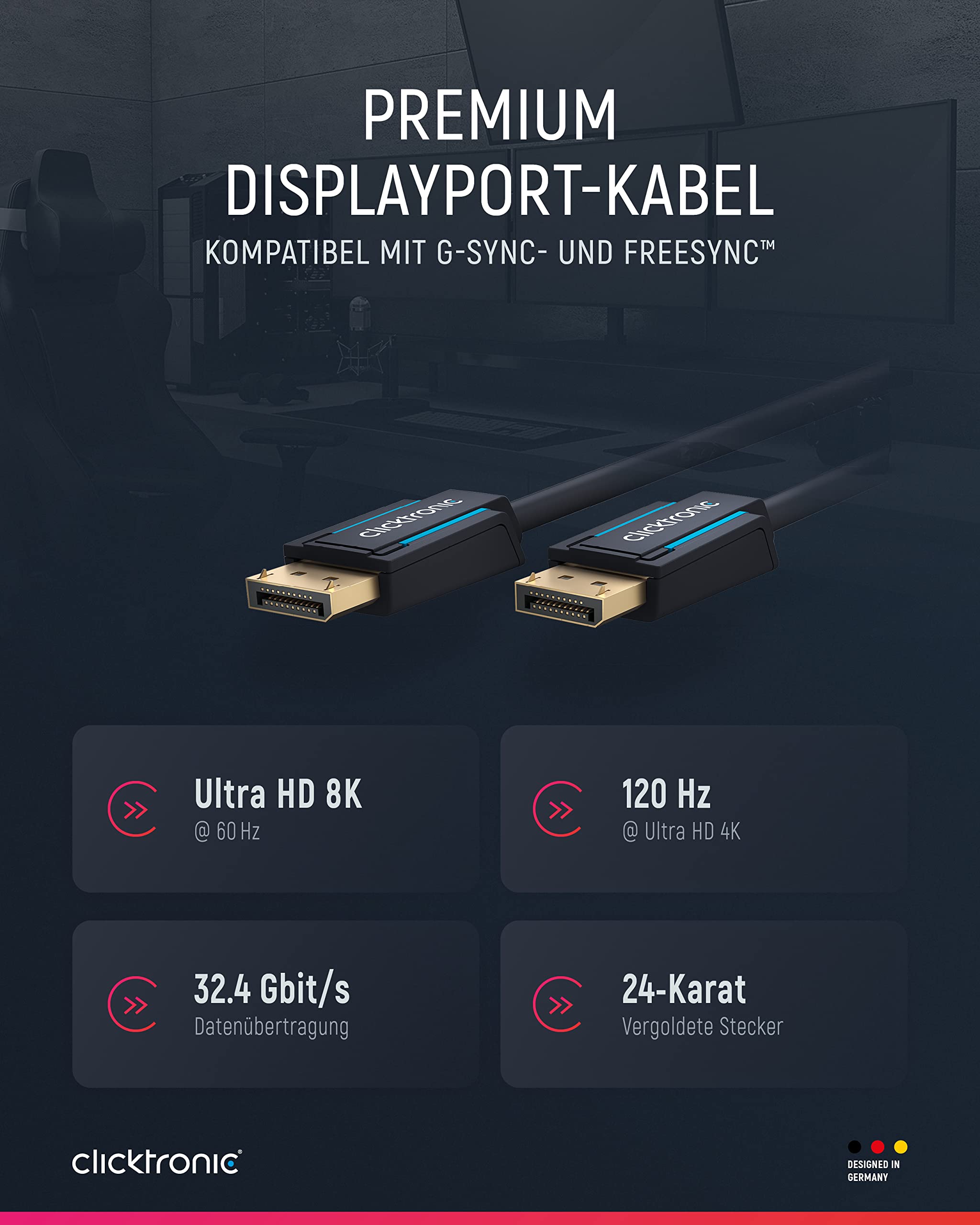 Clicktronic Câble DisplayPort 1.4 avec DisplayPort mâle vers DP mâle / 4320p / 8k / 60 Hz / 2160p / 4K / 120 Hz/UHD/Full HD/pour moniteur de jeu, carte graphique, ordinateur portable, TV, 5m