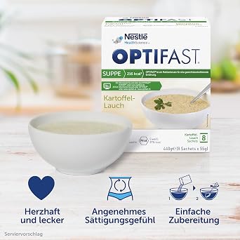 OPTIFAST® Diät Suppe Kartoffel Lauch zum Abnehmen 8 x 55g Eiweißreicher Mahlzeitenersatz mit wichtigen Vitaminen und Mineralstoffen schnell zubereitet und lecker im Geschmack
