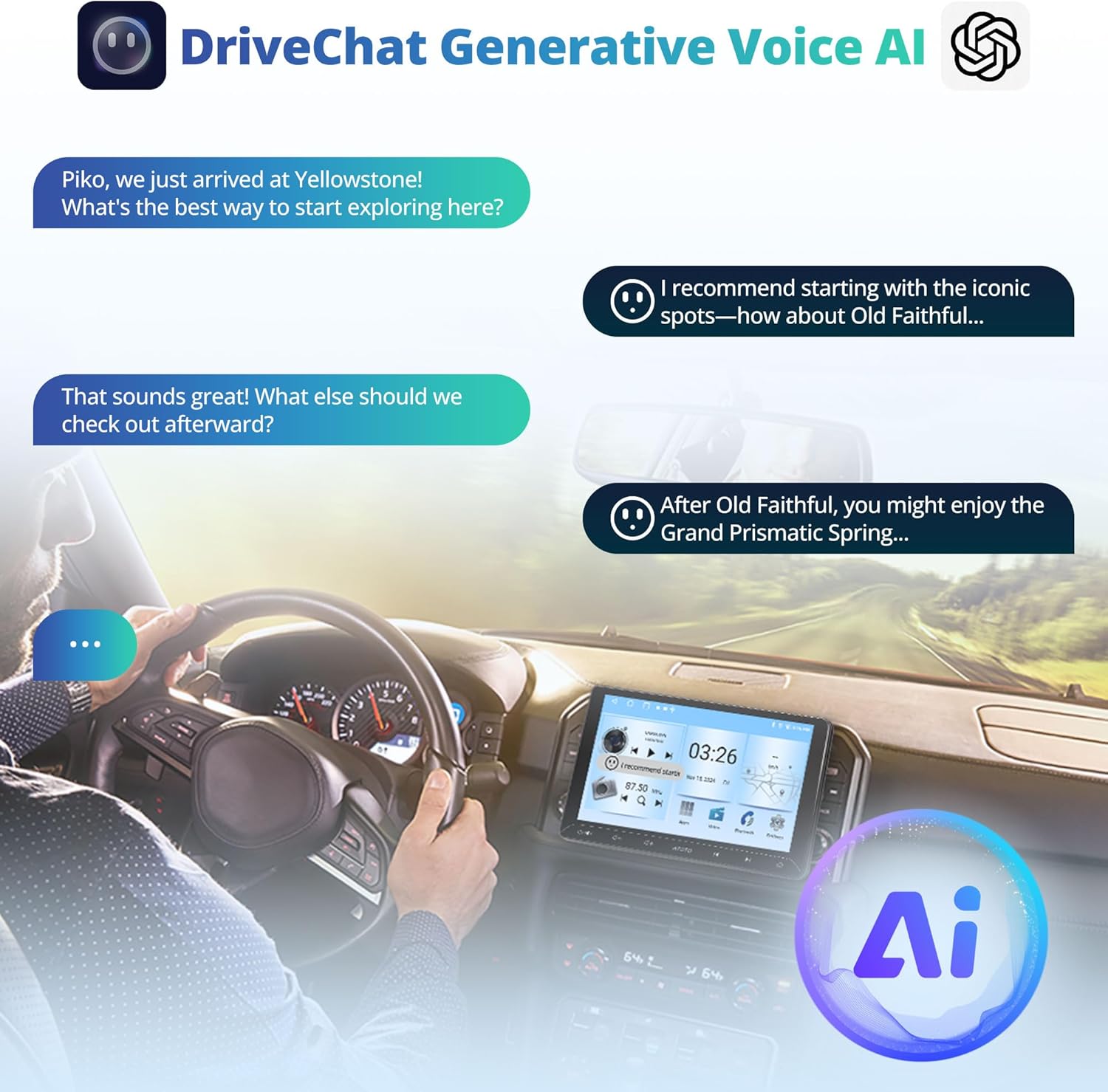 DriveChat Generative Voice AI interface on the car stereo, showing a conversation between a user and the AI assistant.