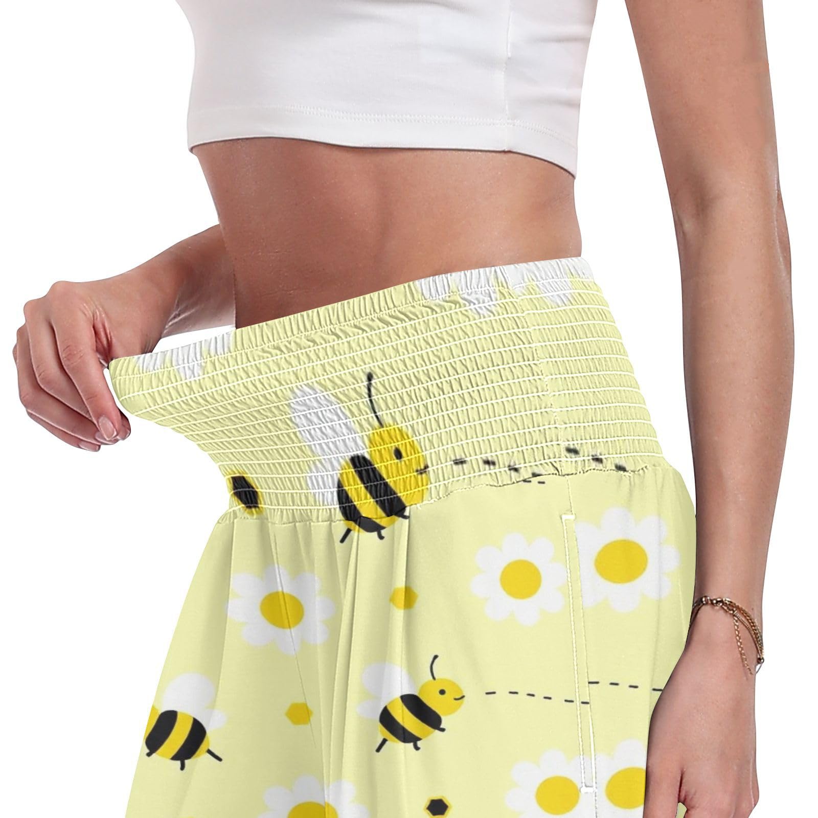 Bee Daisy - Pantalones de pierna ancha para mujer, ligeros, elásticos, informales, ropa de descanso