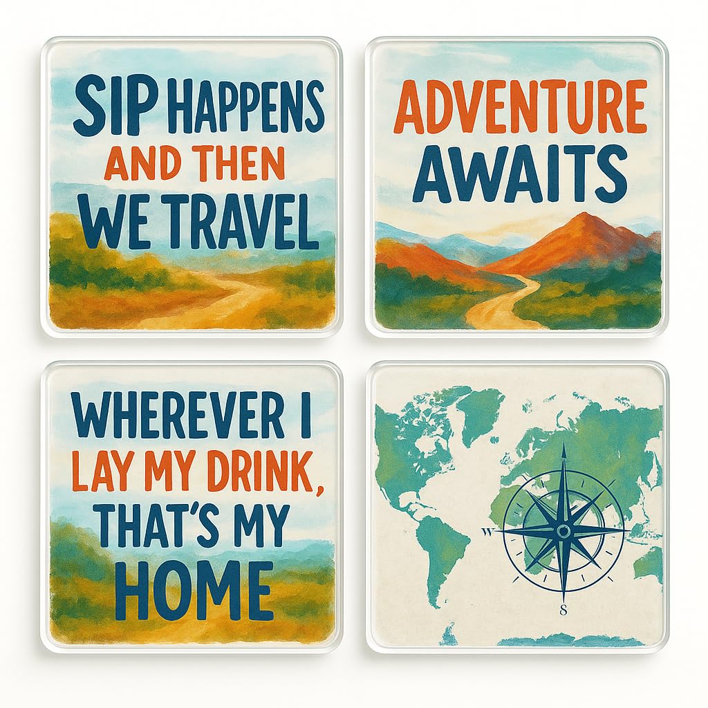 The Plum Penguin Wanderlust Sipset Acrylic Coaster Gift Set Of 4 With Wanderlust Travel Designs - Adventure-Inspired Home Decor For Travel Lovers