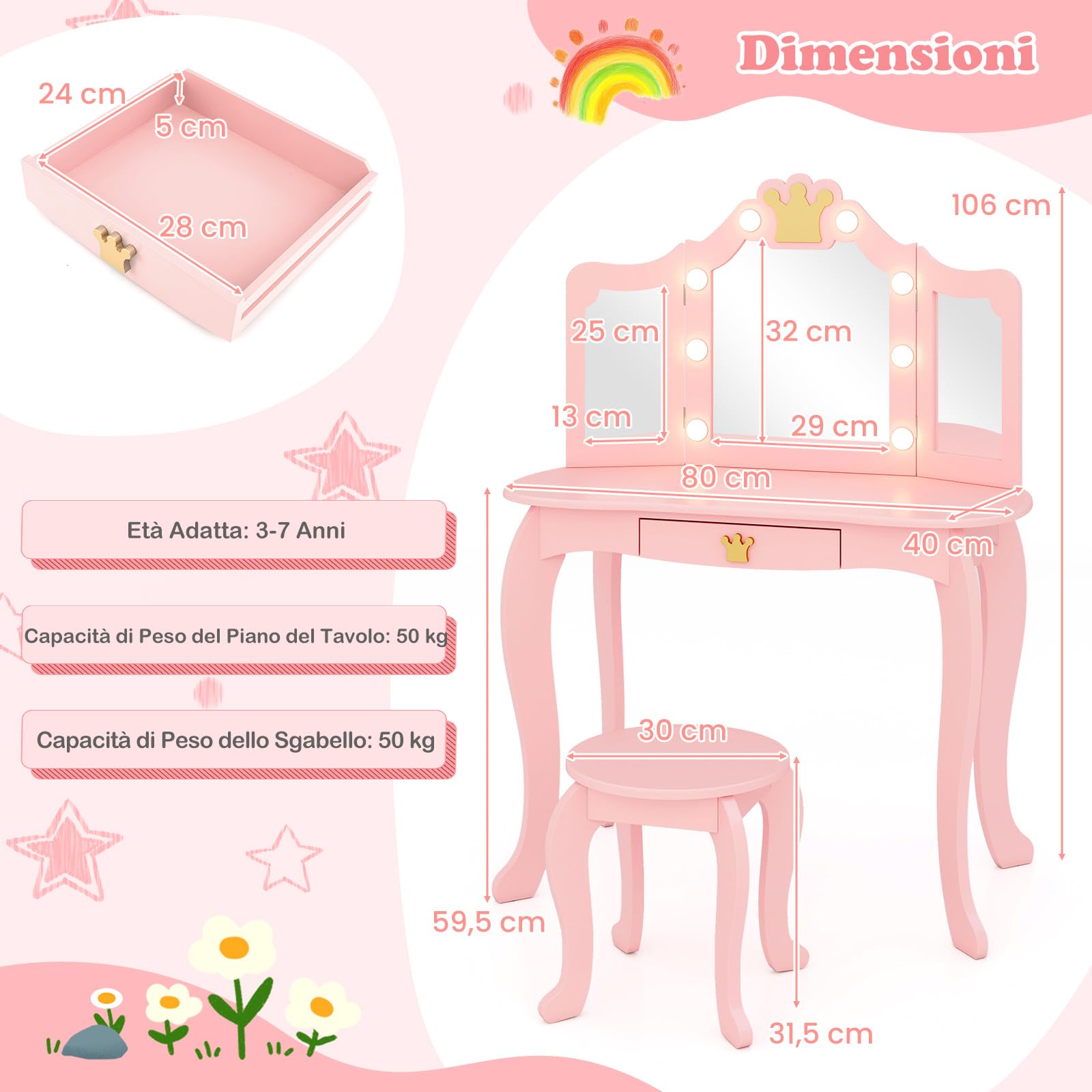 RELAX4LIFE Toeletta Trucco per Bambina con 8 Lampadine LED, 3 Colori di Luci, Specchiera Trucco con Sgabello, Toeletta in Legno, Specchio Rimovibile, per Bambini 3-7 Anni (Rosa)