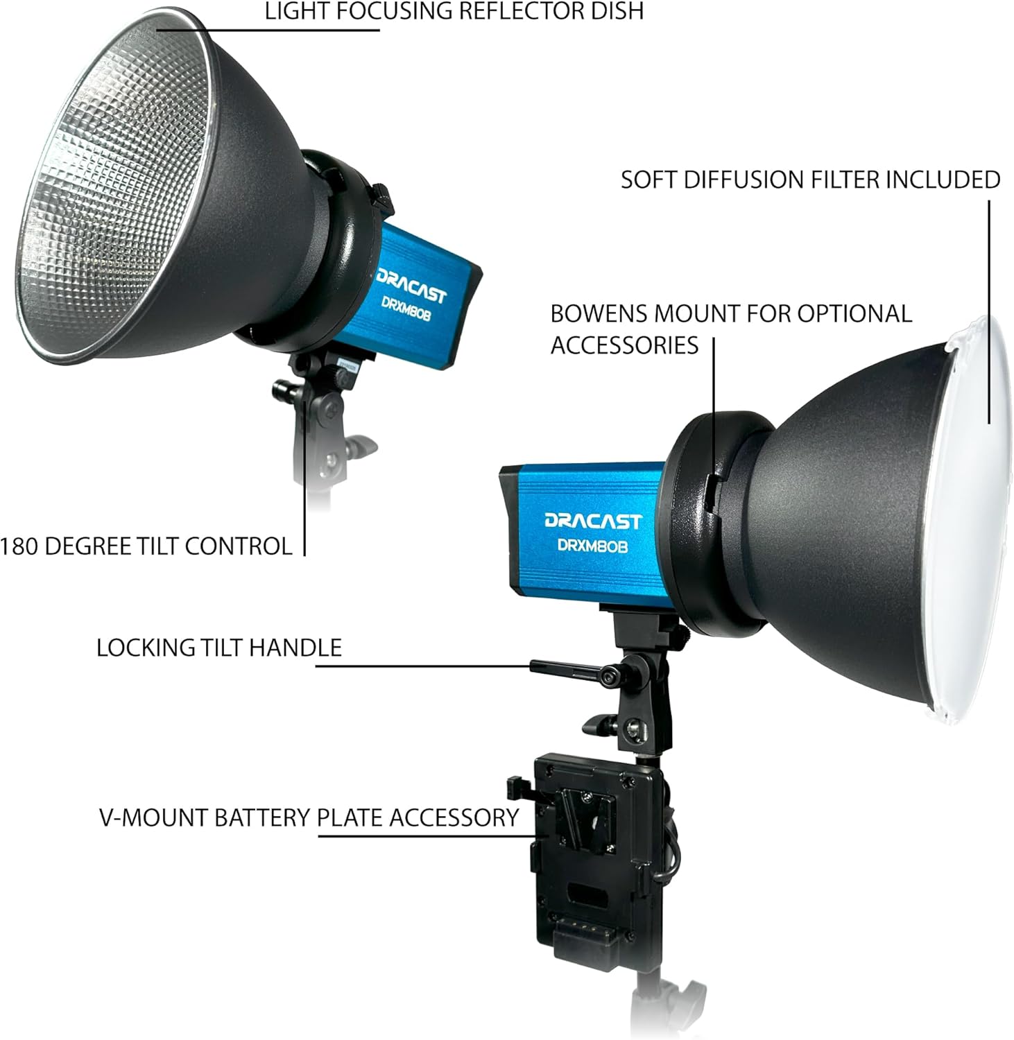 Diagram showing labeled components of the Dracast X Series M80 light including reflector dish, diffusion filter, Bowens mount, 180-degree tilt control, locking tilt handle, and V-mount battery plate accessory