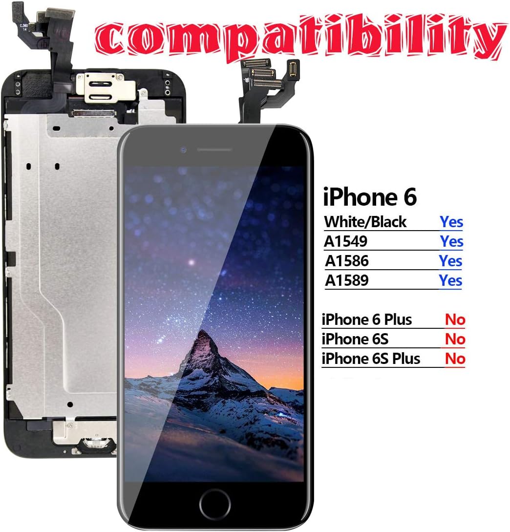Pre-Assembled for iPhone 6 Screen Replacement with Home Button 4.7 Inch LCD Touch Digitizer Display with Front Camera, Ear Speaker, Facing Proximity Sensor, Repair Tools A1549 A1586 A1589 (Black)