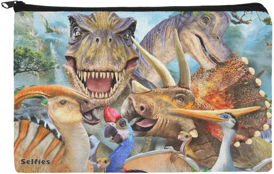 Dinosaur Jurassic Selfie T-Rex Triceratops Brontosaurus Pterodactyl Parasaurolophus Pencil Pen Organizer Zipper Pouch Case