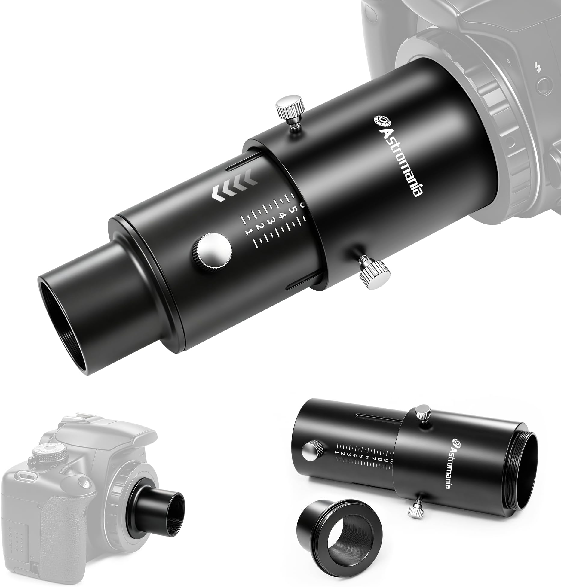 Astromania Upgrated Telescope Camera Adapter - Variable Projection Adapter 1.25 inch Extension Tube Kit for Prime Focus and Eyepiece Projection Astrophotography with Refractors or Reflector Telescopes