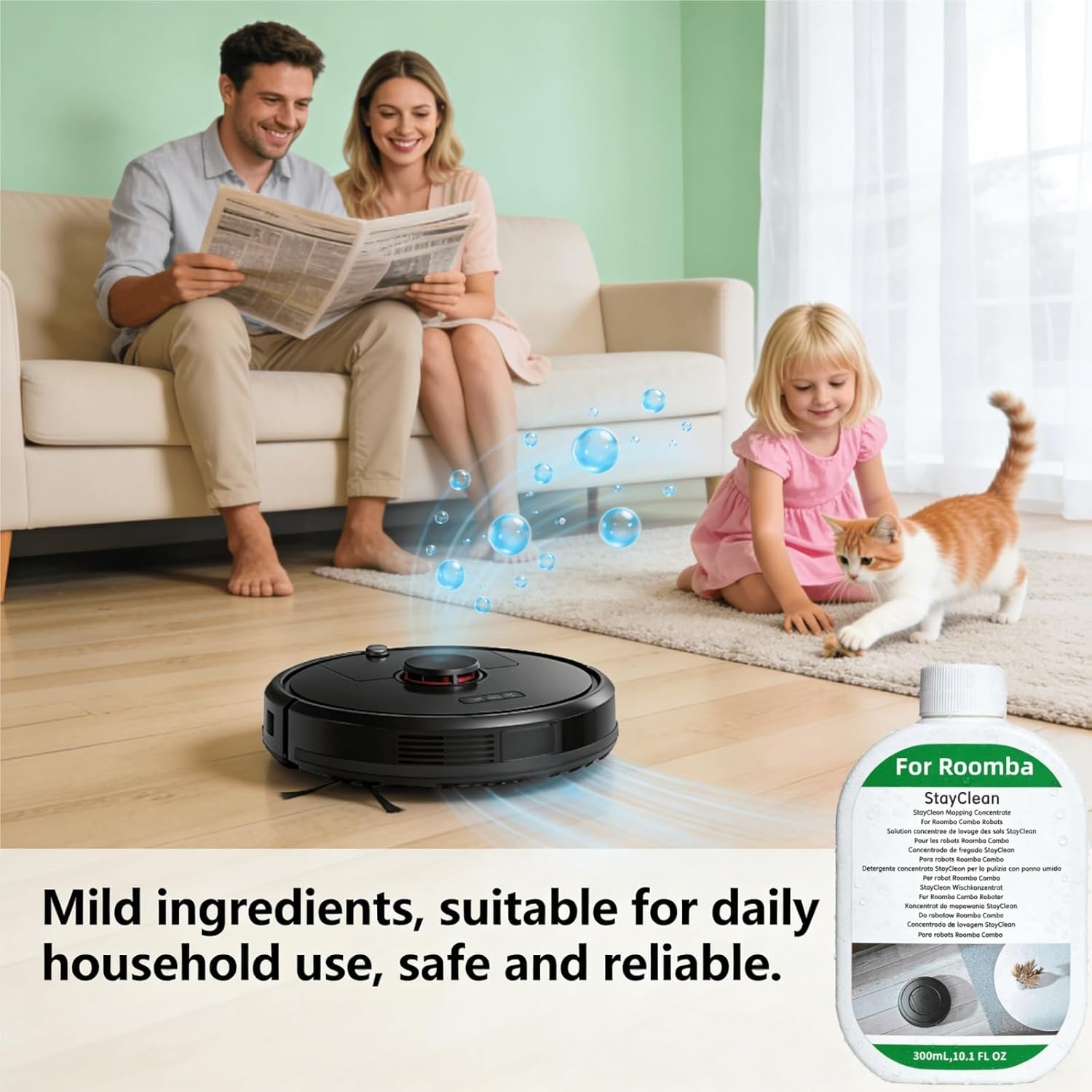 Floor Cleaner Liquid, 2 Bottle, 300ml Fresh Scent, Low Foam Formula, Deep Cleaning, Compatible with Roomba Plus 405/505/Max 705 Cleaning Robot