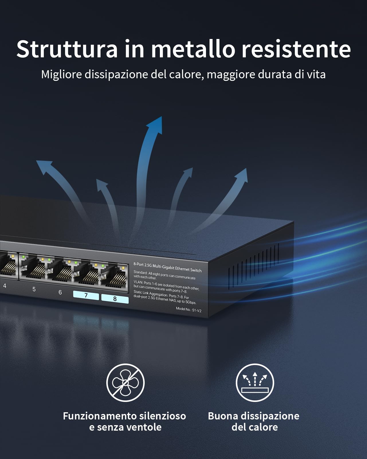BrosTrend Switch Ethernet 2.5 Gigabit 8 Porte Unmanaged, Garanzia a Vita | VLAN & Statico Aggregazione di Link, Sdoppiatore LAN Hub Ethernet Switch 2,5Gb, Senza Ventola, Plug e Play, Montaggio Desktop