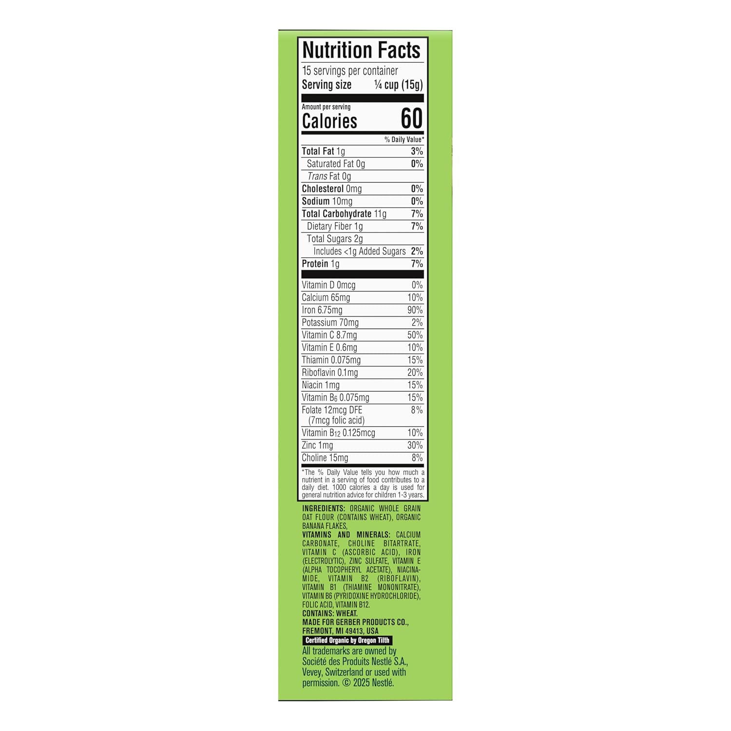 GERBER ORGANIC FOR BABY GRAIN AND GROW Toddler Oatmeal Banana Cereal 5x8oz