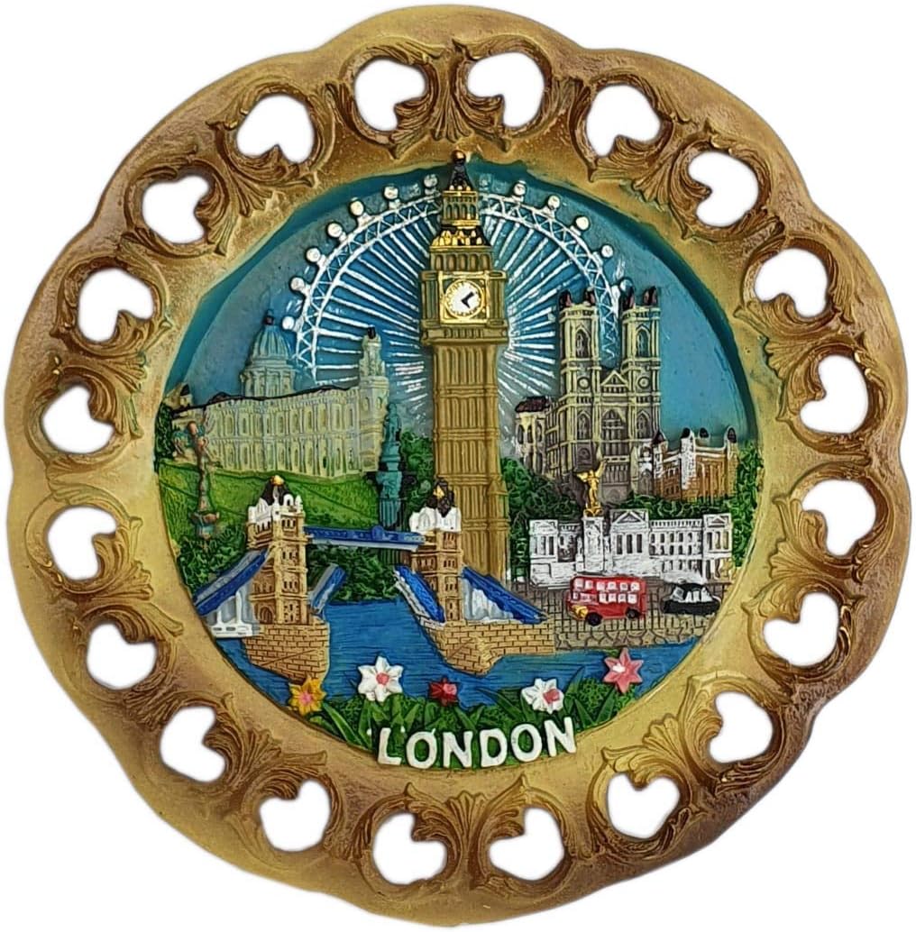 Wood Style Decorative Plate Detailing London Skyline: Big Ben, Tower Bridge and London Eye etc ( Small Cutout)