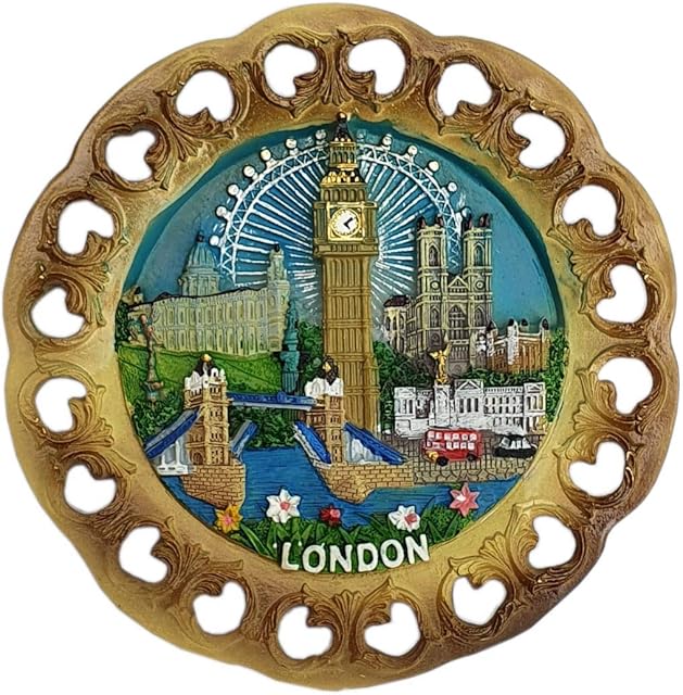 Wood Style Decorative Plate Detailing London Skyline: Big Ben, Tower Bridge and London Eye etc ( Small Cutout)