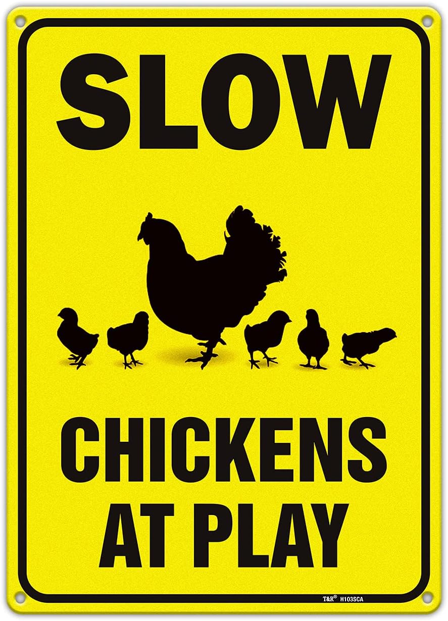 Slow Sign Chickens at Play - 10 x 14 In Reflective Aluminum Metal Sign, Funny Yard Decor - Weather Fade UV Corrosion Resistant