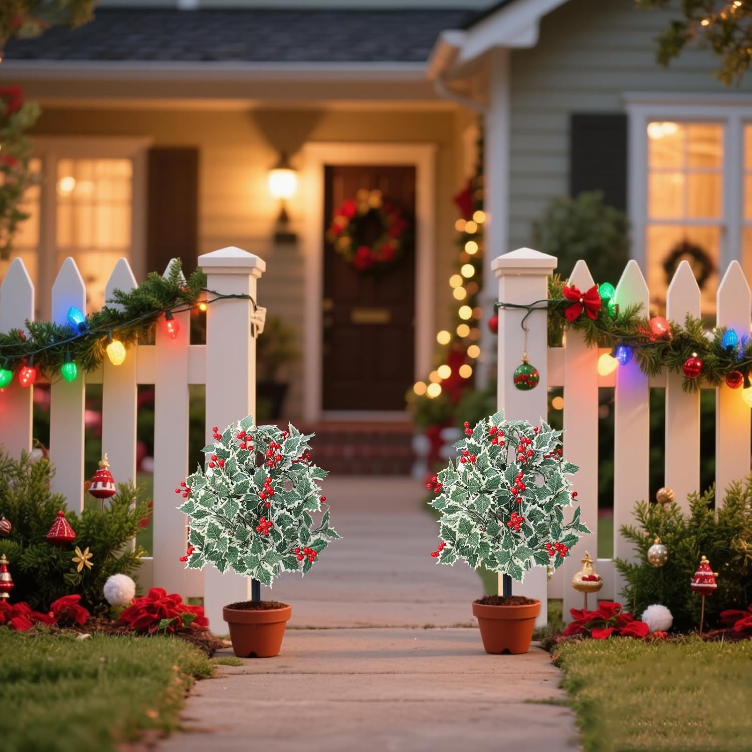 Artificial Topiary Ball Trees, 2 Pack 28'' UV Artificial Cedar Topiary Ball Trees, Outdoor Indoor Decorative Evergreen Plants with Ground Spikes for Patio Garden Porch Christmas Decor