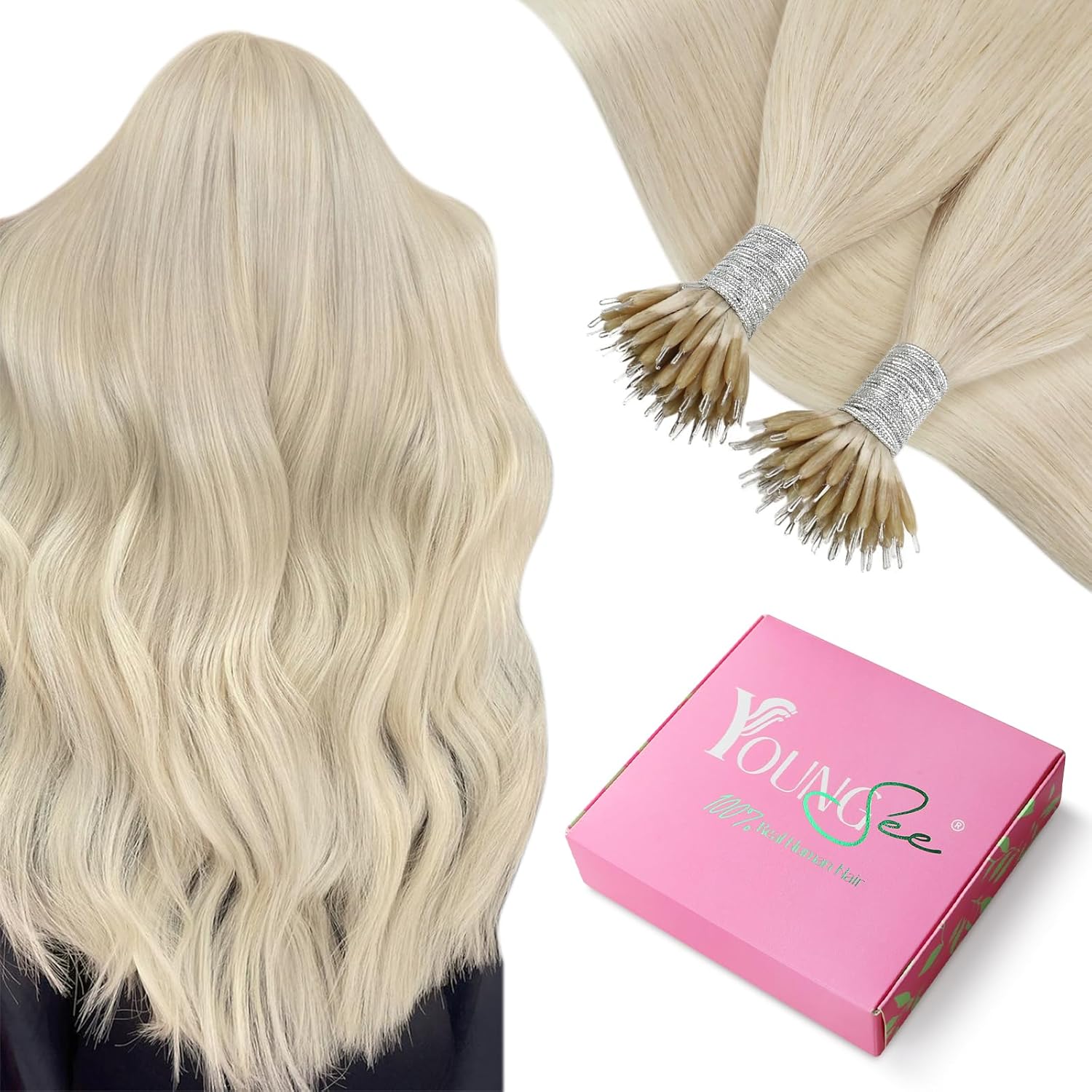 YoungSee Nano Bead Hair Extensions Human Hair Blonde Platinum 20 Inch Nano Ring Hair Extensions White Blonde Remy Hair Nano Tip Extensions Real Human Hair for Natural Look 50G