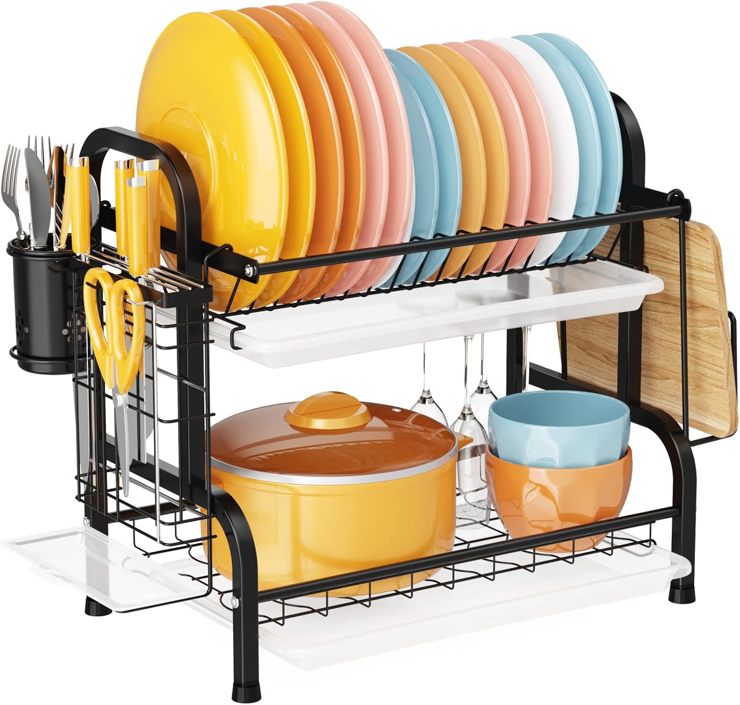 PACKISM Dish Drying Rack, Stainless Steel 2-Tier Dish Rack with Drainboard Set Cutting Board Utensil Holder, Rust-Resistant Dish Drainer for Kitchen Counter Organizer, Black