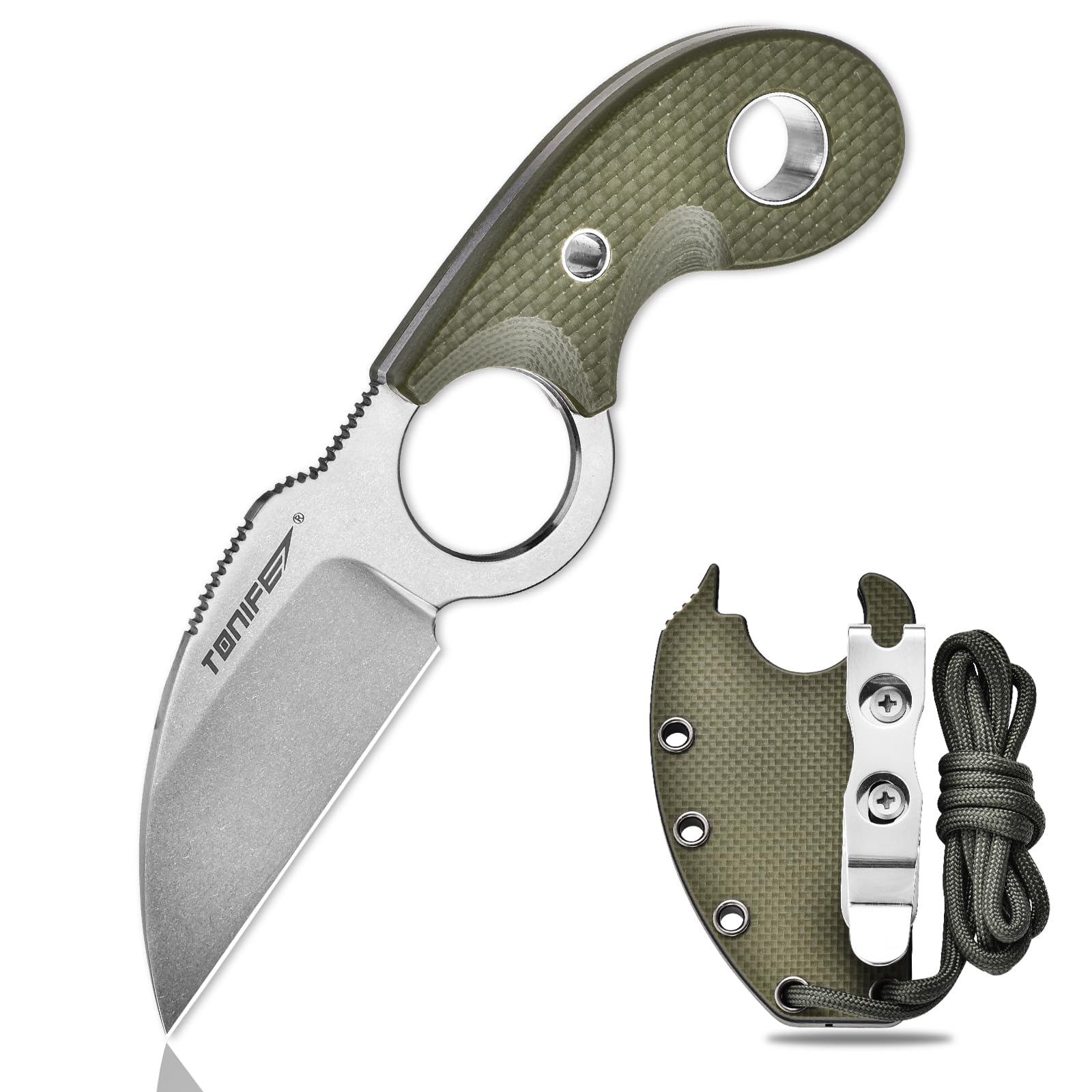TONIFE Small Fixed Blade Knife Full Tang EDC Camping with Sheath Lanyard and Clip, Blade Length 2.17",2.5 oz.with Sheath(Green - Stonewash)