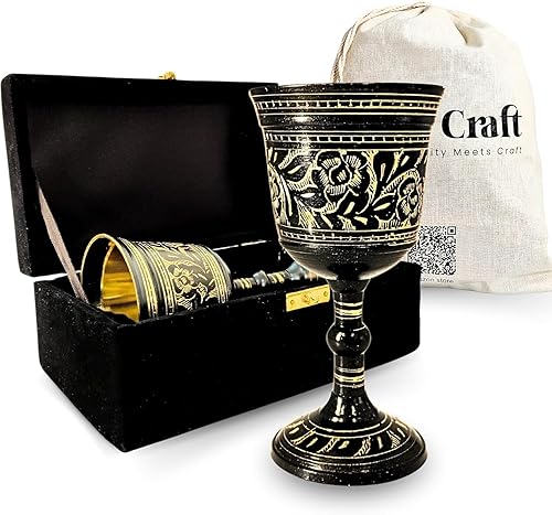 Copa de vino decorativa de latón macizo, estilo vintage, medieval, hecha a mano, para comunión, con diseño real en relieve, 1 unidad (con caja,