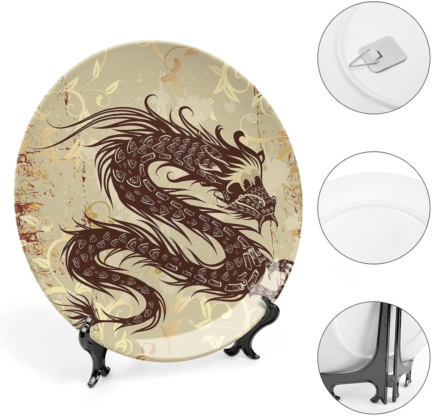 6 Inch Decorative Plate, Japanese Dragon Dinner Plate, Antique Paper Style Grunge Backdrop Print Ornament Display Plate for Dining Table Setting, Wedding Reception Decorations, Christmas Tablescape
