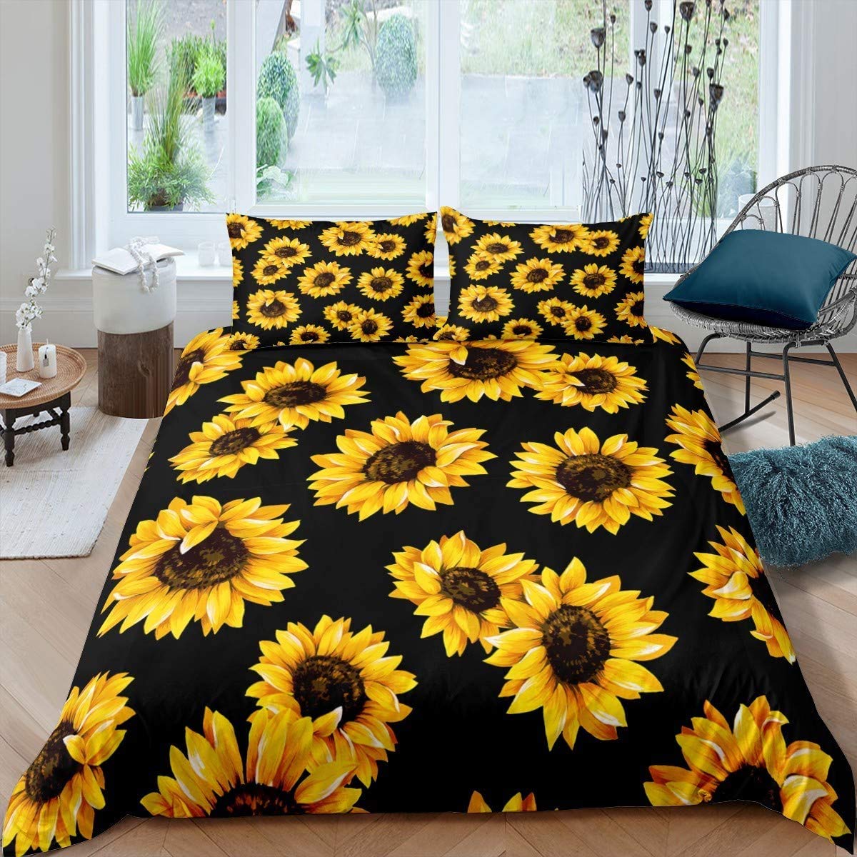 Housse de couette florale 3D à motif tournesol grand format King en tissu doux