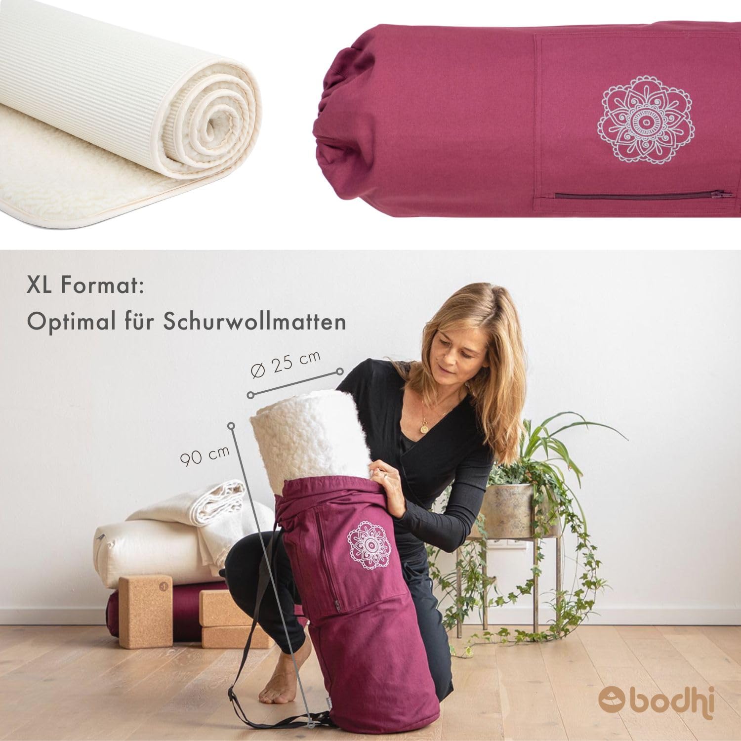 Bodhi SURYA BAG COTTON | Yogatasche groß für Schurwollmatten & Yogamatten | Tasche aus 100% Baumwolle im XL-Format | Sporttasche mit Mandala Design | aubergine