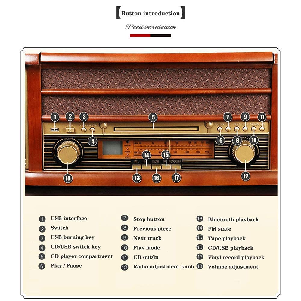 Player de Registro Turntable con Altavoces - Registros de Cassette de Radio Bluetooth/FM/CD Cassette/Vinyl LP Records/SD Card Reader/U Recorder de reproducción de Disco U kxtmm
