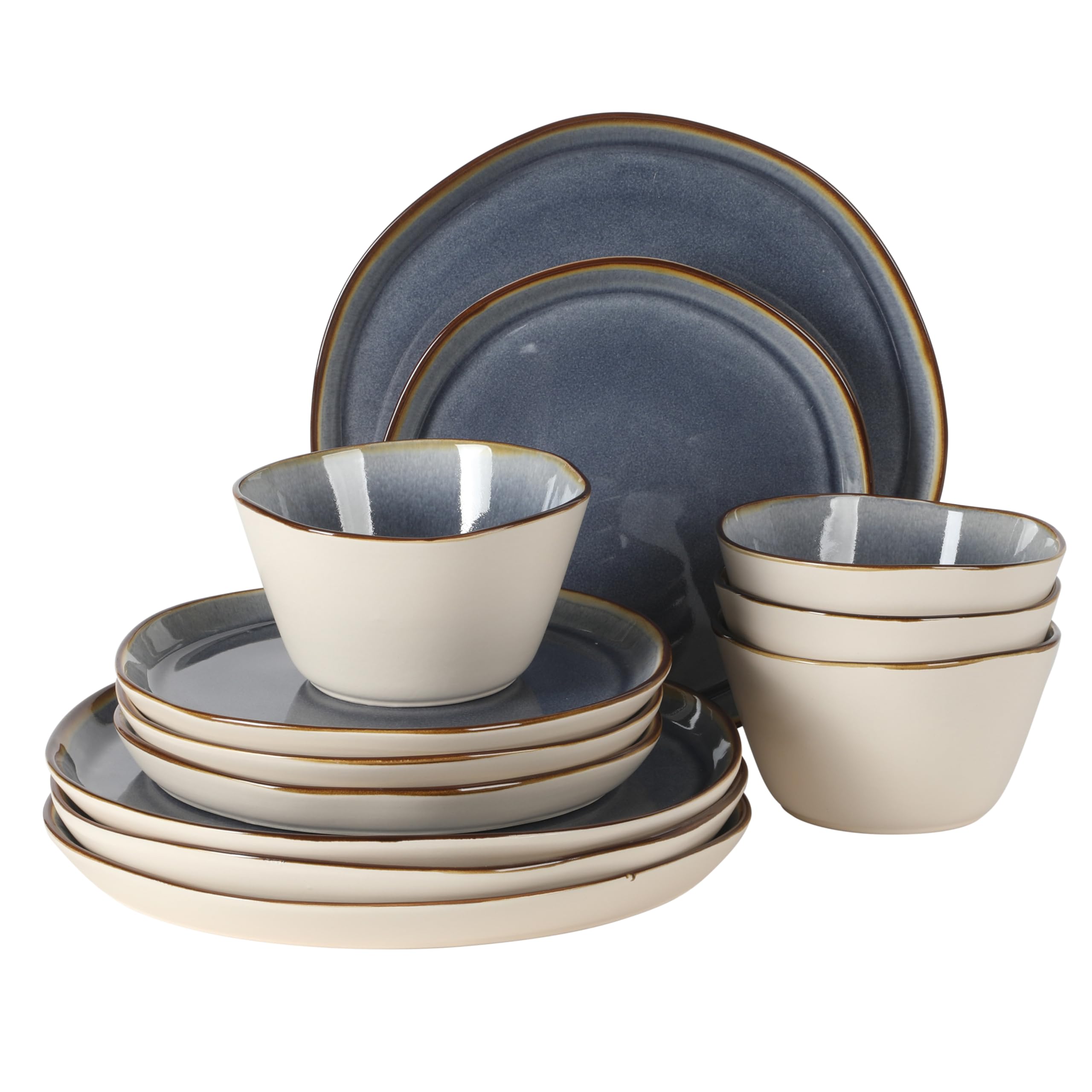 Algeria River Plates and Bowls Sets, 12-Piece Stoneware Dinnerware Sets, Reactive Glaze Dish Set - Blue