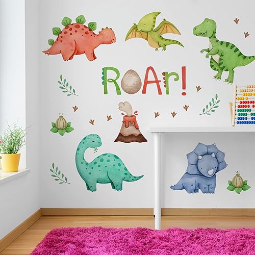 Miniatura 5 de Mfault Calcomanías de pared con diseño de rugido de dinosaurio en acuarela, autoadhesivas, volcán, estegosaurio, decoración de habitación de bebés,