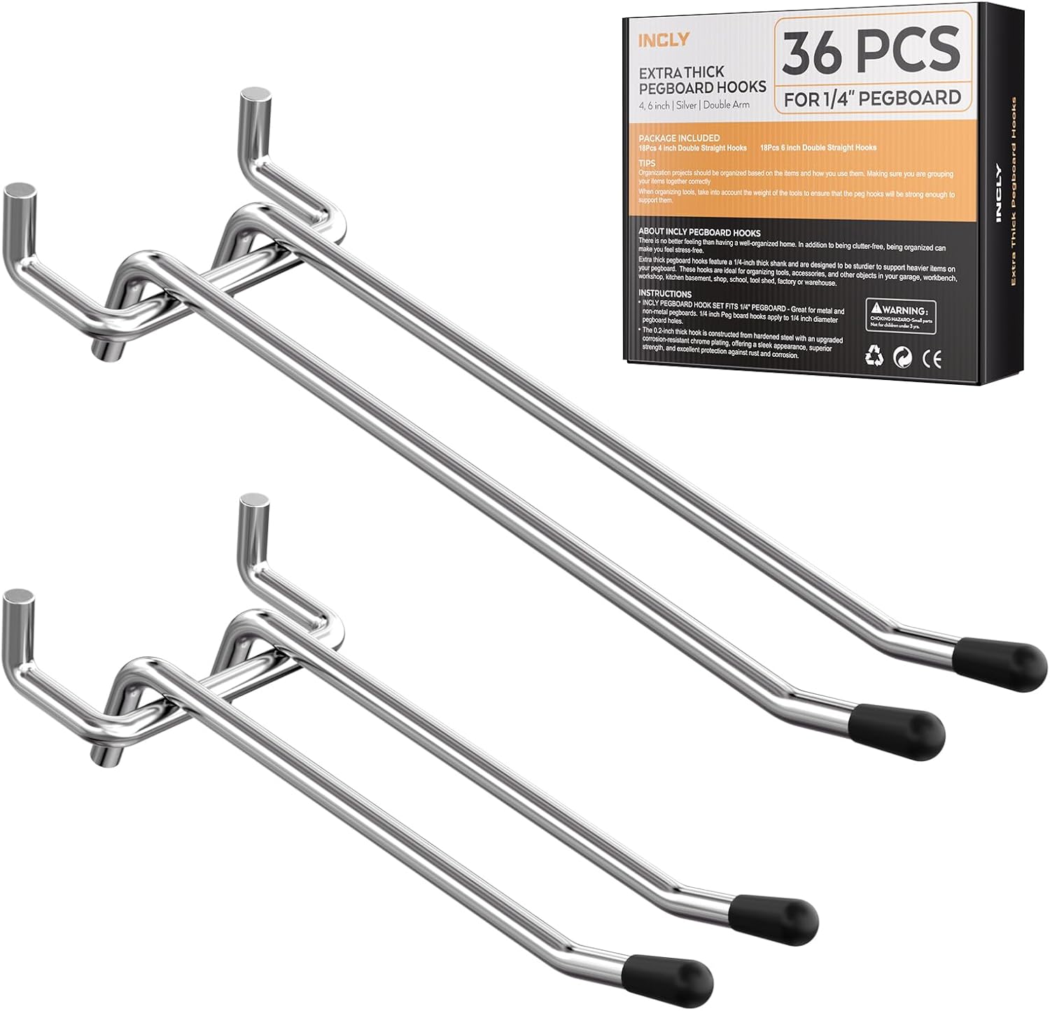INCLY 4/6 Inch Pegboard Hooks, 36 Pack Heavy Duty Double Arm Peg Board Straight Hooks, Peg Board Tool Hangers Fit for 1/4" Pegboard Garage Hanging Tools, Craft Organizing, Kitchen, Store
