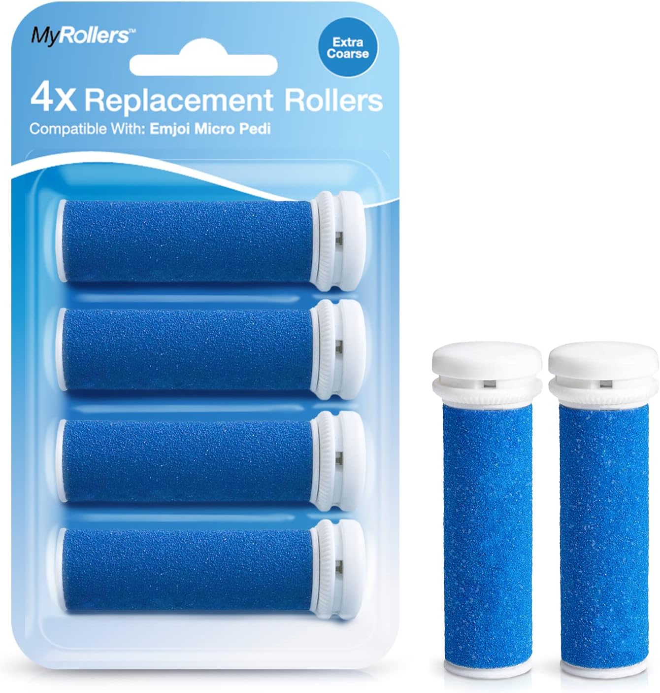 4 x Extra Coarse Blue Replacement Rollers Compatible with Emjoi Micro Pedi - Electric Foot File Roller Heads for Rough, Dry and Callused Feet