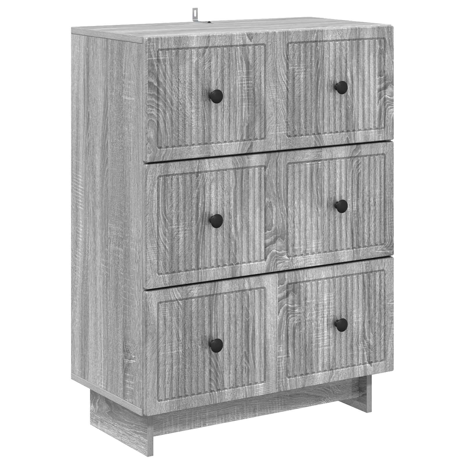 Cassettiera in legno Sonoma grigio, 66 x 34,5 x 90 cm, con 3 cassetti, soluzione versatile per soggiorno, ufficio, corridoio, cassettiera con maniglie in metallo, sistema di organizzazione