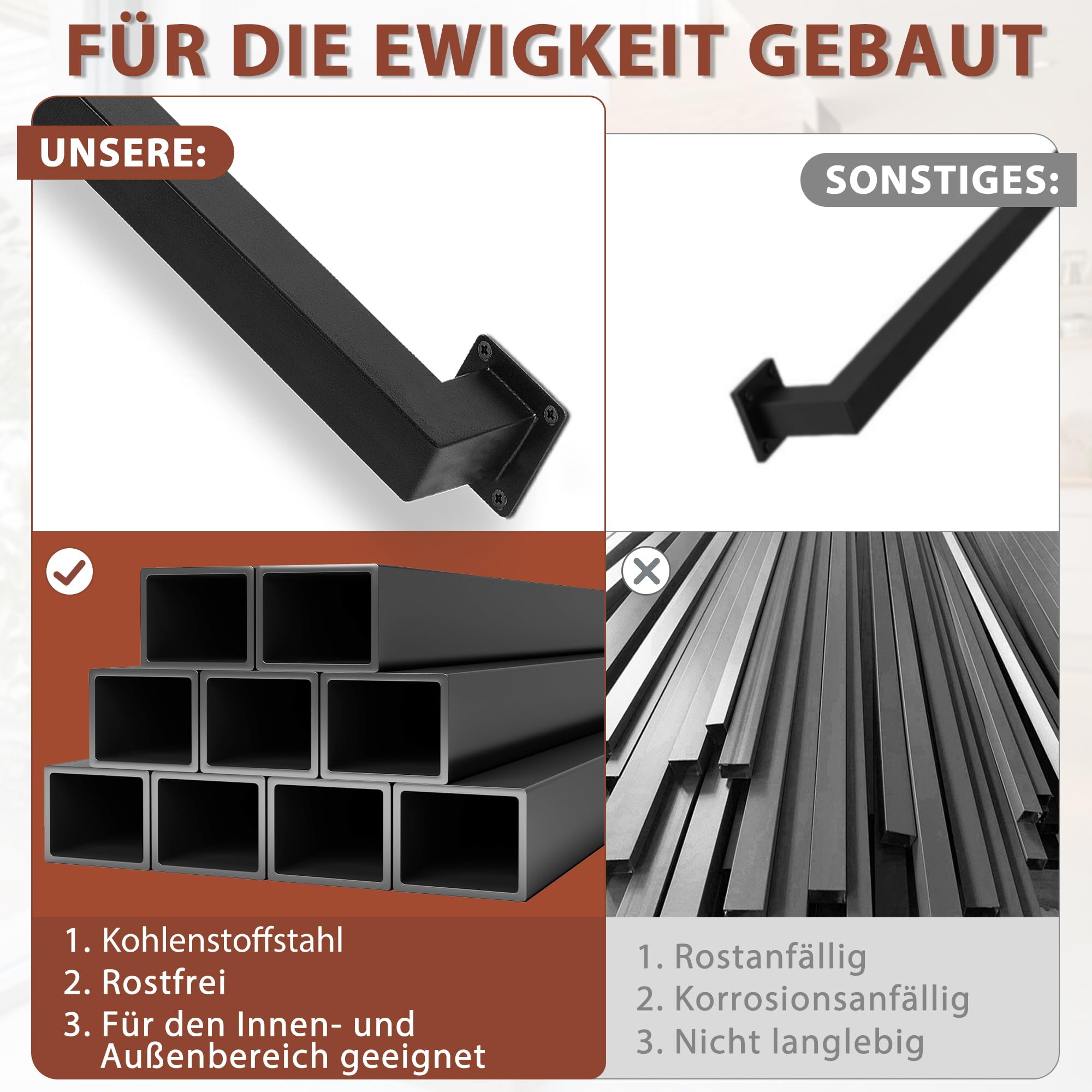 OUUTMEE Pasamanos de 90 cm de tubo cuadrado de acero al carbono, adecuado para uso interior y exterior, barandilla de escalera, altura 7,5 cm, negro