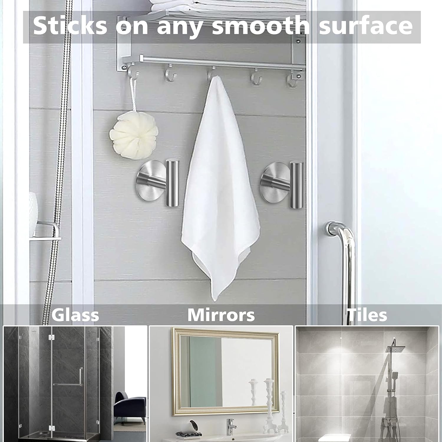 Adhesive Hooks Heavy Duty Wall Hooks Stainless Steel Waterproof Shower Hooks, Adhesive Holders Coat Robe Hooks for Hanging, Wall Mounted Towel Hooks for Bathroom Kitchen - 4 Pack