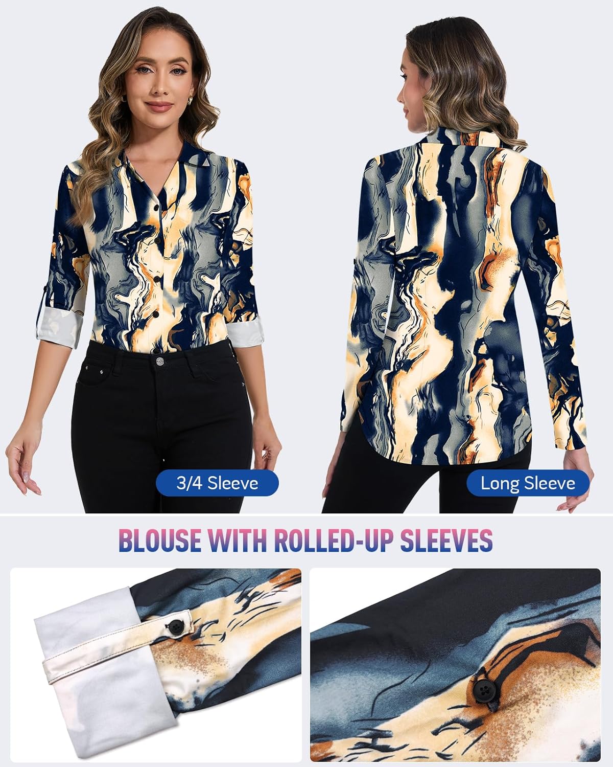 Soneven Women's 3/4 Sleeve Golf Polo Shirts V Neck Ruffle Sleeve Dressy Tops Casual Work Tunic Blouses - Image 3