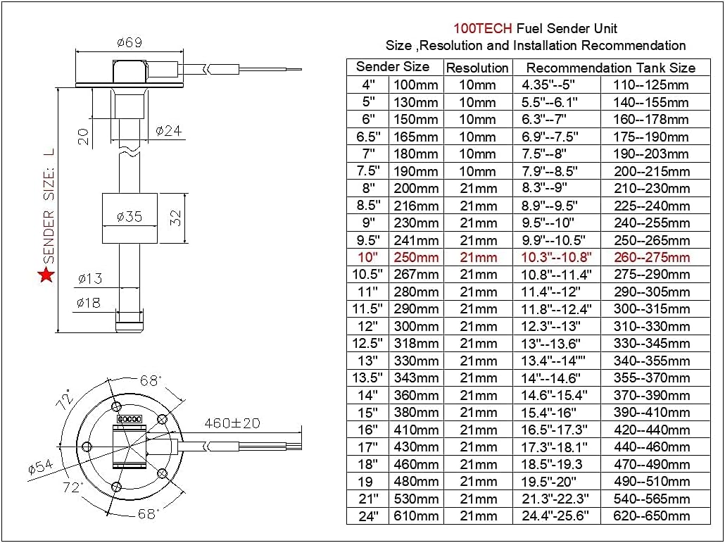 100TECH Fuel Sending Unit 240-33 ohms 10"(250mm) Marine for Boat Vehicle Truck RV Fuel Tank Sending Unit Water Level Sender Gas Tank Level Sensor