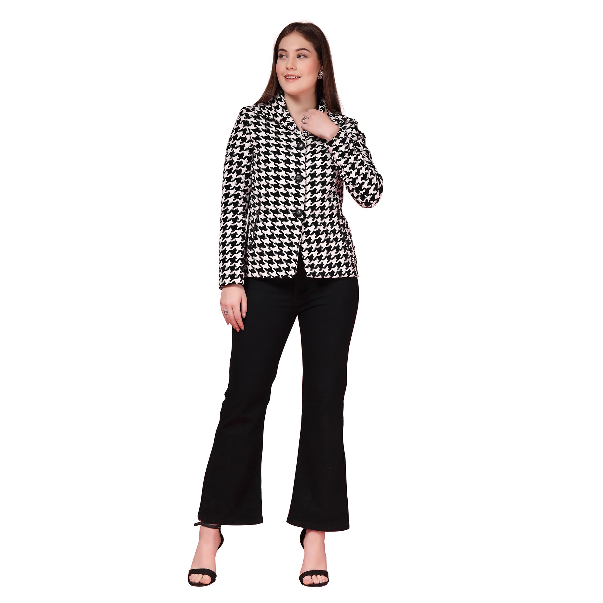 Printed Notched Lapel Collared Pea Coats Black-image-23