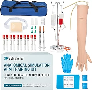 Alcedo Phlebotomy 연습 키트, 완벽한 정맥 천자 및 주사 IV 연습 필수품, 스탠드 및 휴대용 가방이 있는 현실적인 훈련 팔, 가벼운 피부, 의대생 및 간호사를 위한 교육용