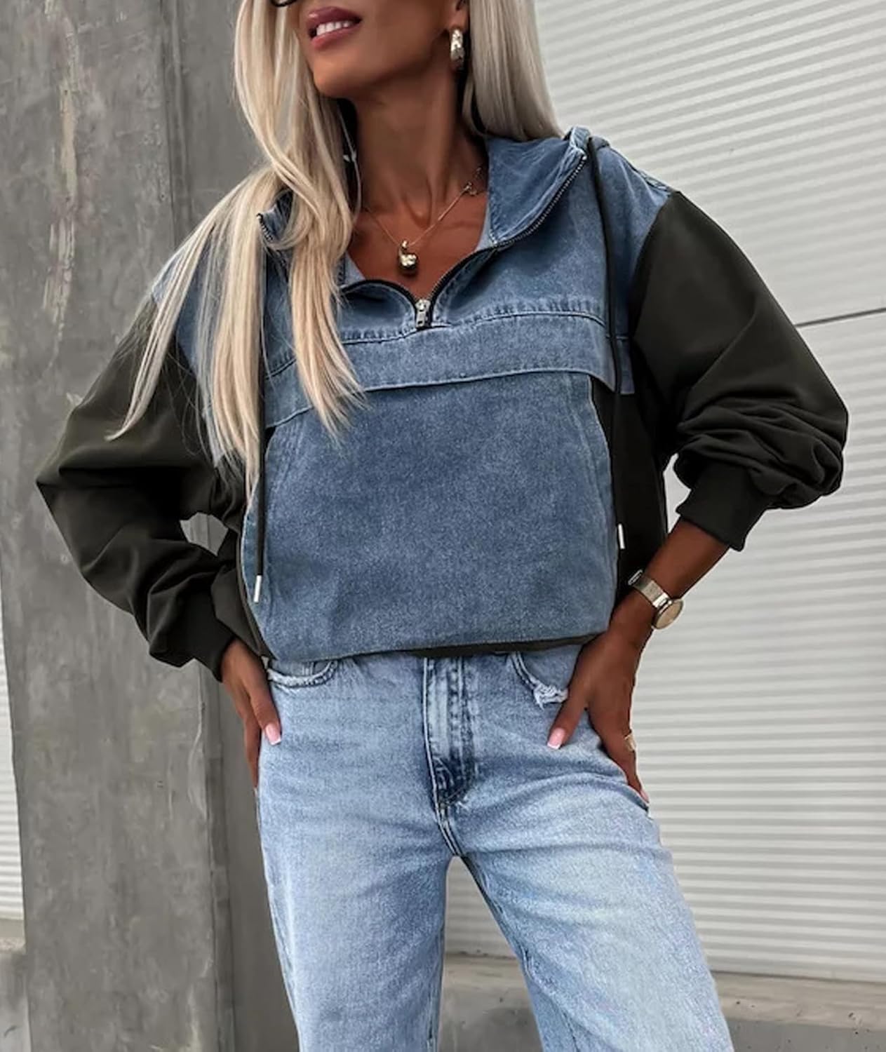 Sexyshine Women's Hooded Denim Patchwork Sweatshirt Half Zipper Up Hoodie Pullovers Drawstring Jean Hoodies With Pocket - Image 4