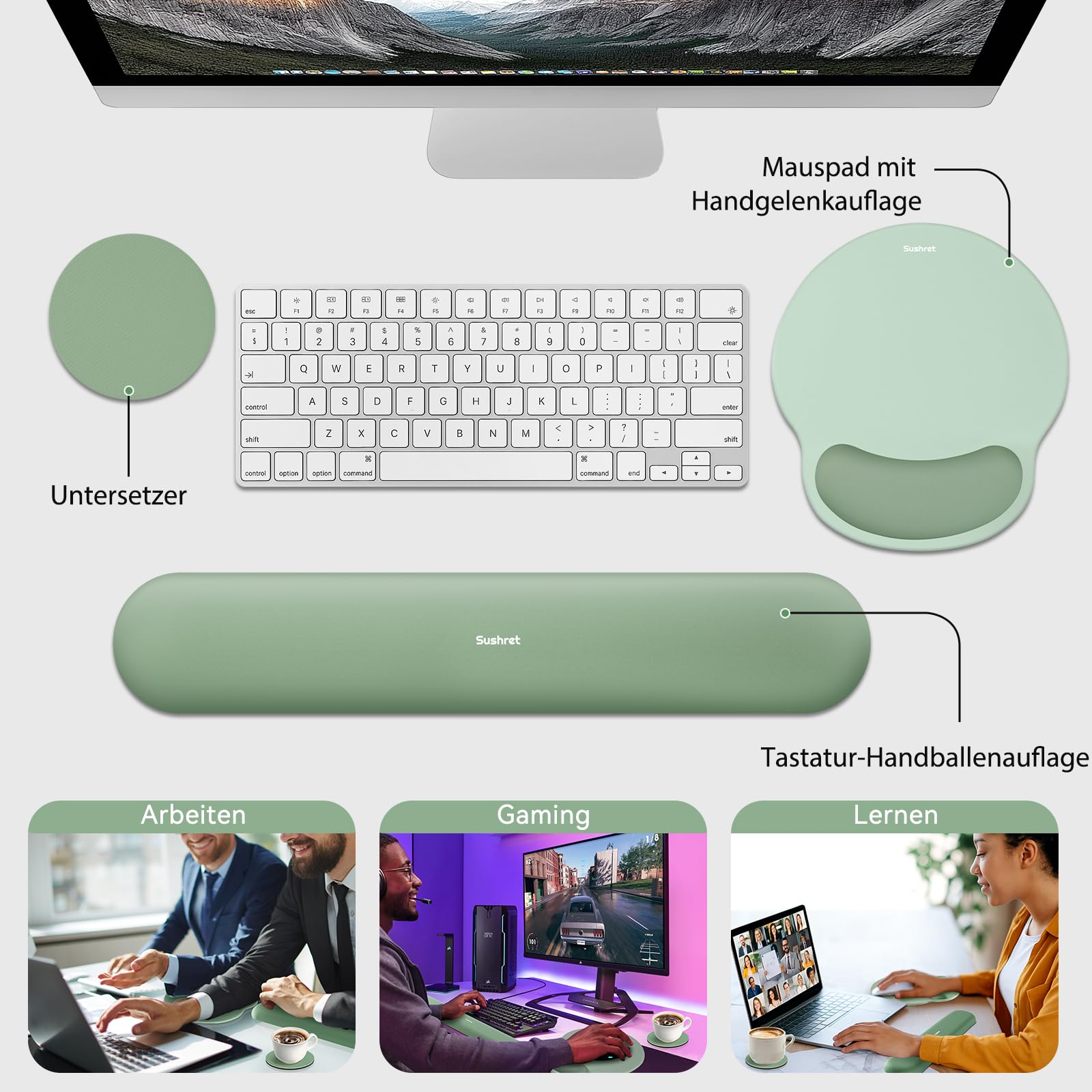 Sushret Mauspad & Tastatur Handballenauflage, 3-in-1 Ergonomisches Gel Memory Foam Handballenauflage mit Handgelenkstütze, Gaming Mauspad Armauflage für Computer Büro Schreibtisch Zubehör, Grün