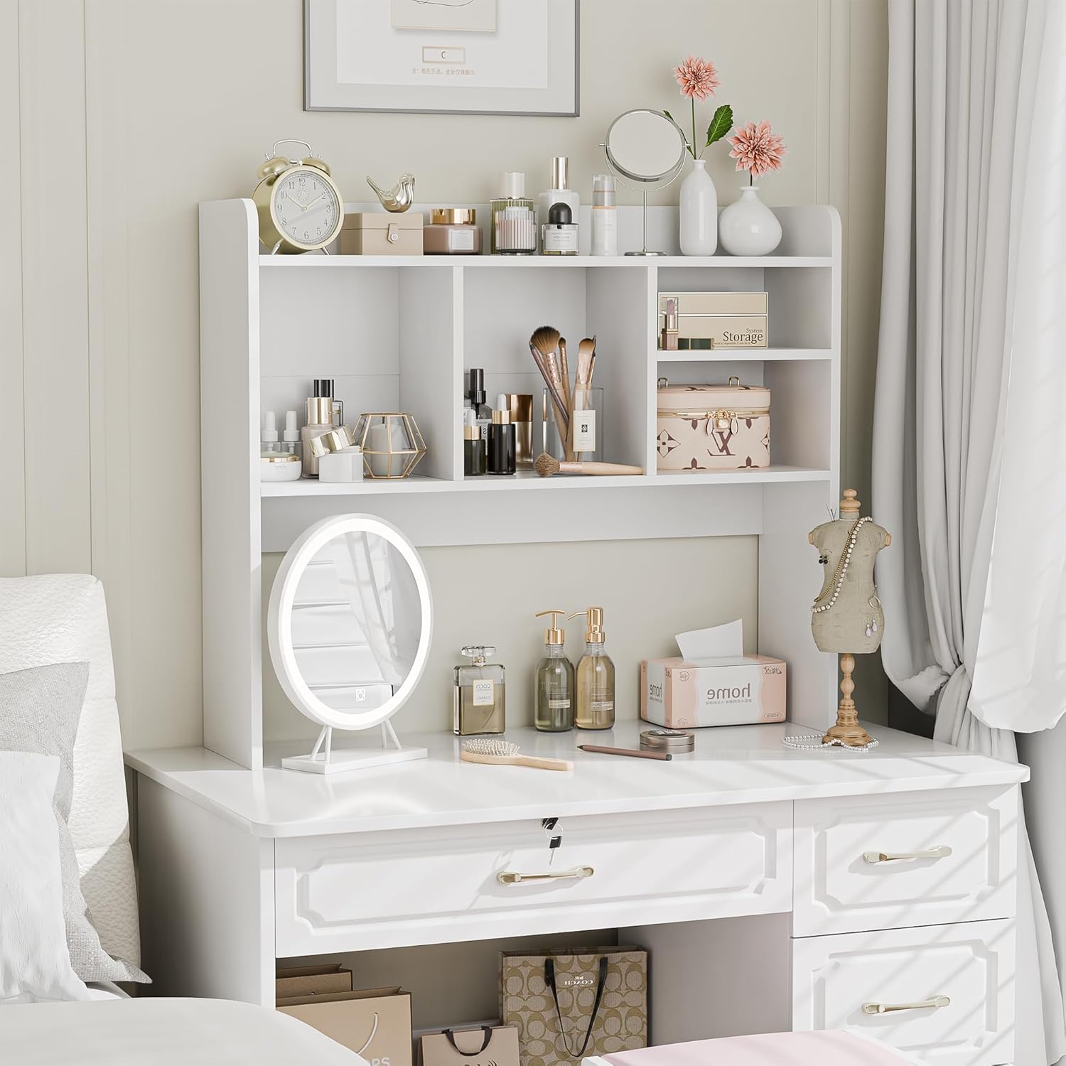 Nova Microdermabrasion Wooden Desktop Bookshelf with 6 Shelves–3-Tier Desk Organizer Hutch for Computer Desk, Home or Office (White)